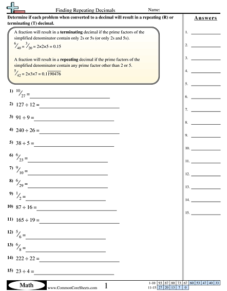 7.ns.2d Worksheets - Finding Repeating Decimals worksheet